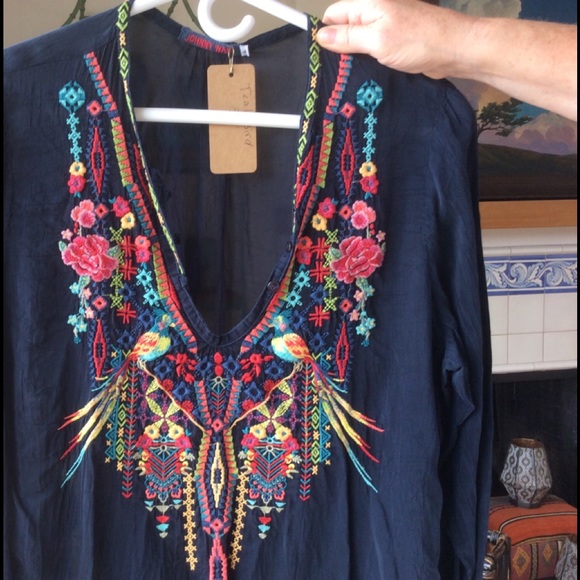 Midnight Blue Long Sleeve Embroidered Blouse - Picture 3 of 3